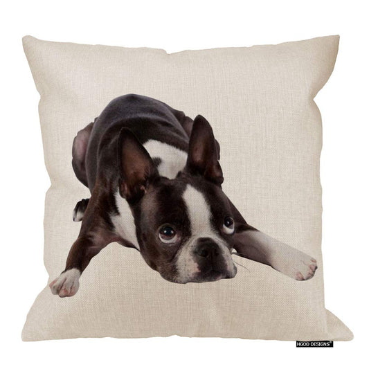 HGOD DESIGNS Cotton Linen Cute Funny Various Pet Dogs Human Friends Boston Terrier Throw Pillow Covers Cushion Cover Decorative Sofa Bedroom Living Room Square 18 Inches
