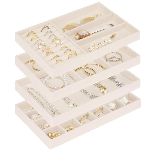 Stackable Jewelry Trays Organizer for Drawer, 4 Set of Jewelry Organizers and Display Case Storage, Velvet Drawer Inserts Organizer for Necklace Bracelets Earrings Organizer-4 Set , Gift For Her,Beige