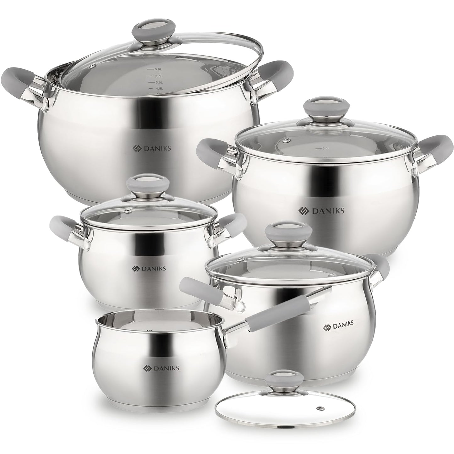 Daniks Modern 10-Piece Stainless Steel Induction Cookware Set – Dishwasher Safe Saucepan, Pots with Heatproof Handles, Glass Lids, Silver