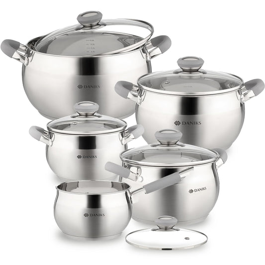 Daniks Modern 10-Piece Stainless Steel Induction Cookware Set – Dishwasher Safe Saucepan, Pots with Heatproof Handles, Glass Lids, Silver