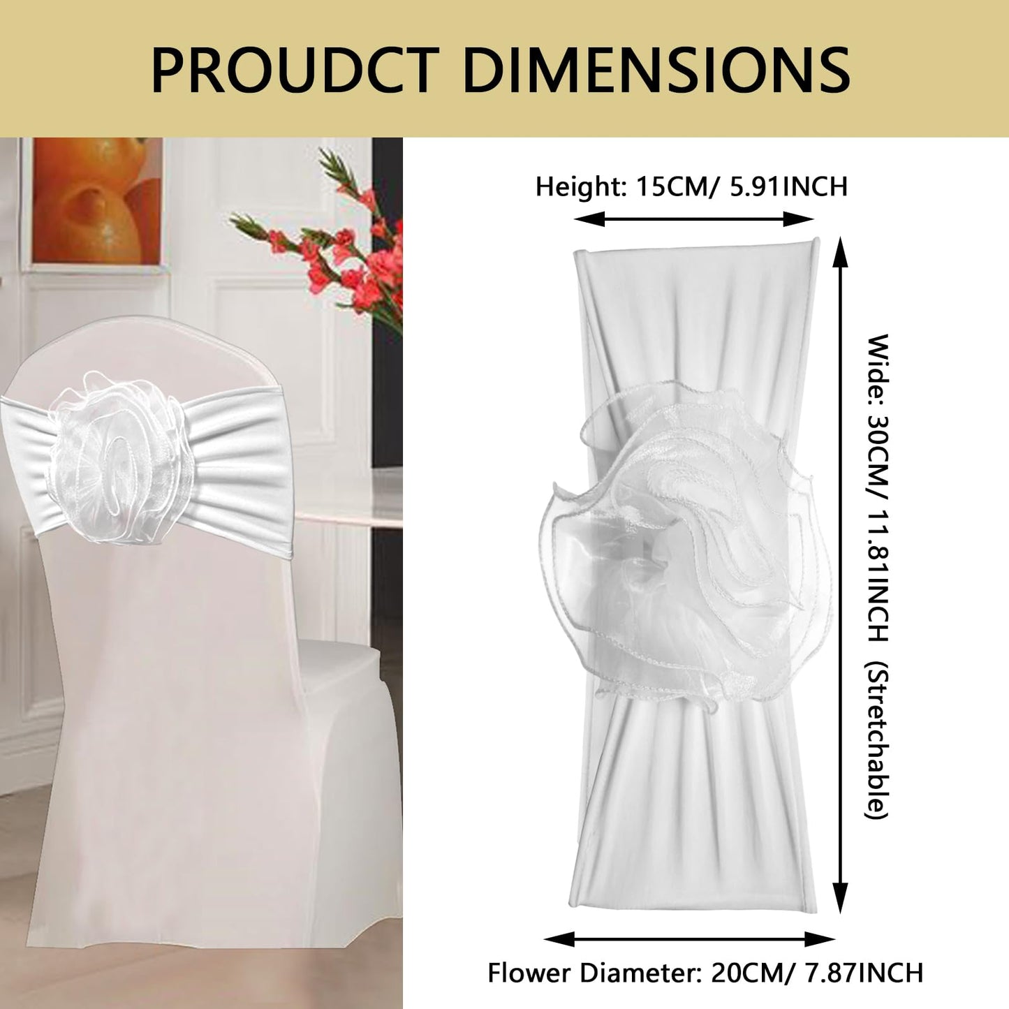 SFN 2 PCS White Flower Chair Sashes Chair Cover Chair Spandex Bands Bows tie for Thanksgiving Christmas Wedding Banquet Birthday Party Events Hotel Decoration