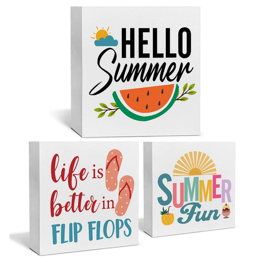 Summer Decor for Home Hello Summer Tiered Tray Decor 3 Pcs Wood Decorative Signs Table Desk Shelf Decoration