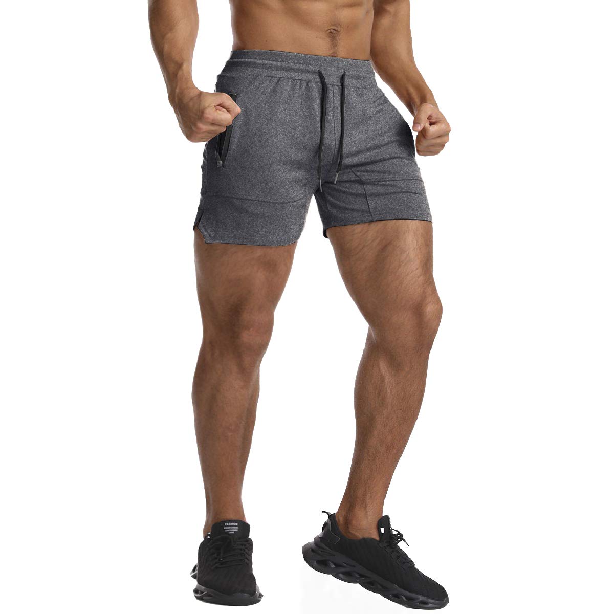 EVERWORTH Men's Solid Gym Workout Shorts Bodybuilding Running Fitted Training Jogging Short Pants with Zipper Pocket Grey XXL