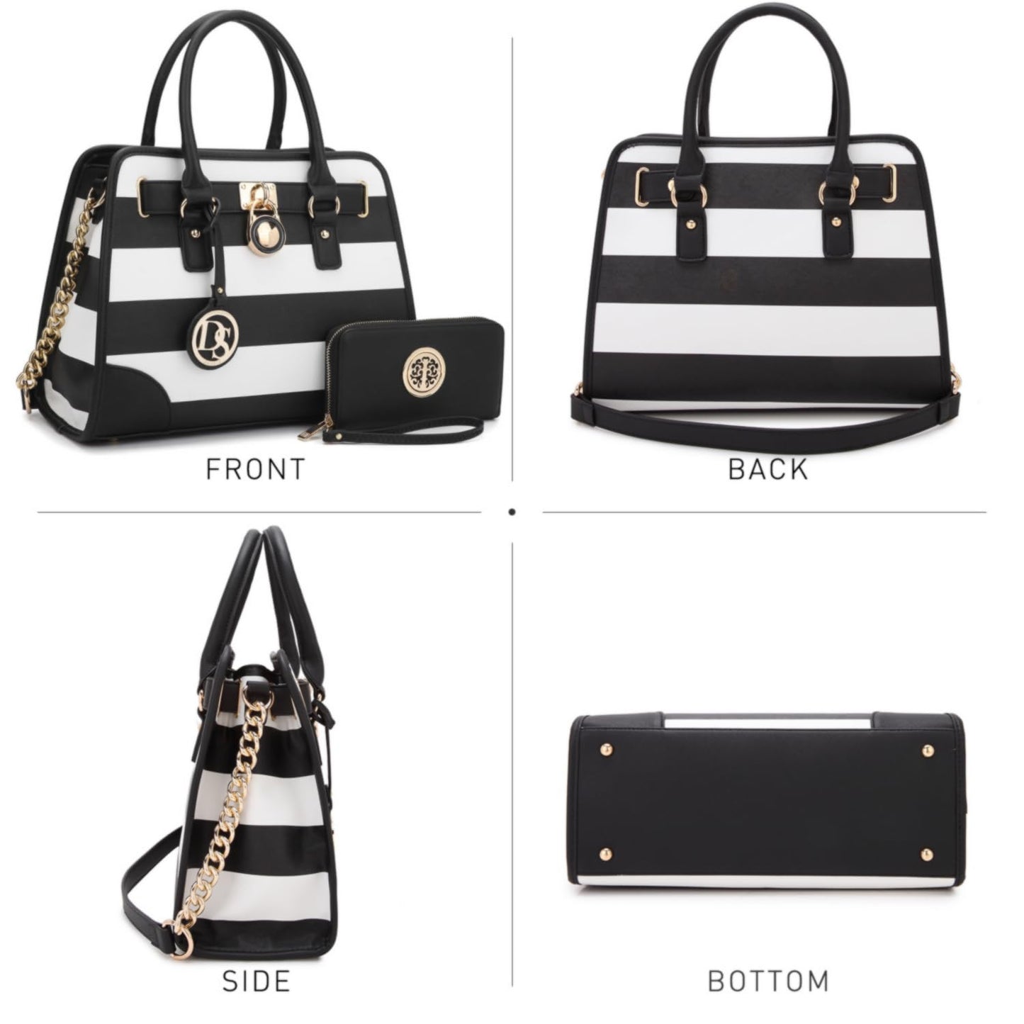 Dasein Women Handbags Top Handle Satchel Purse Shoulder Bag Hobo Bag Work Bag Set 2pcs (Black/White)