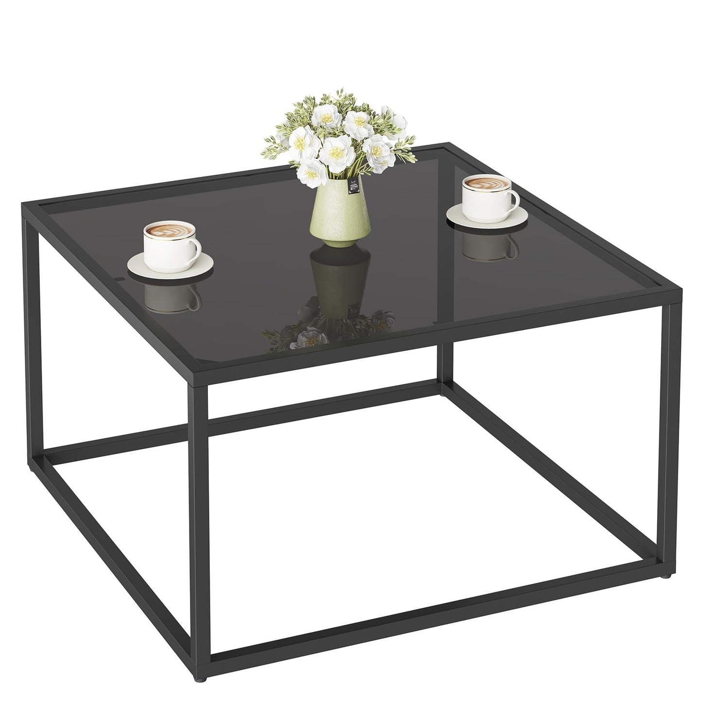 YMYNY Glass Coffee Table, Tempered Glass Square Coffee Tables with Metal Frame, Unique Modern Table for Living Room Home Office 26.77" x 26.77" x 15.75", Black, UHCT001B