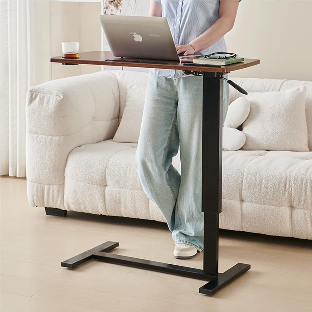 Over Bed Table Pneumatic Adjustable Height Stand Desk with Hidden Casters Foldable Mobile Laptop Computer Standing Desk with USB Ports Pad