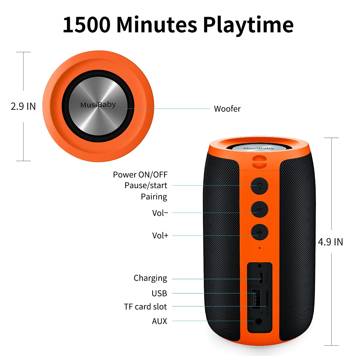 Bluetooth Speaker,MusiBaby Speakers Bluetooth Wireless,Waterproof,Outdoor,Portable Speaker with Stereo Sound,Booming Bass,Dual Pairing,Bluetooth 5.0,24H Play,Speaker for Home,Party,Travel,Gifts-Orange