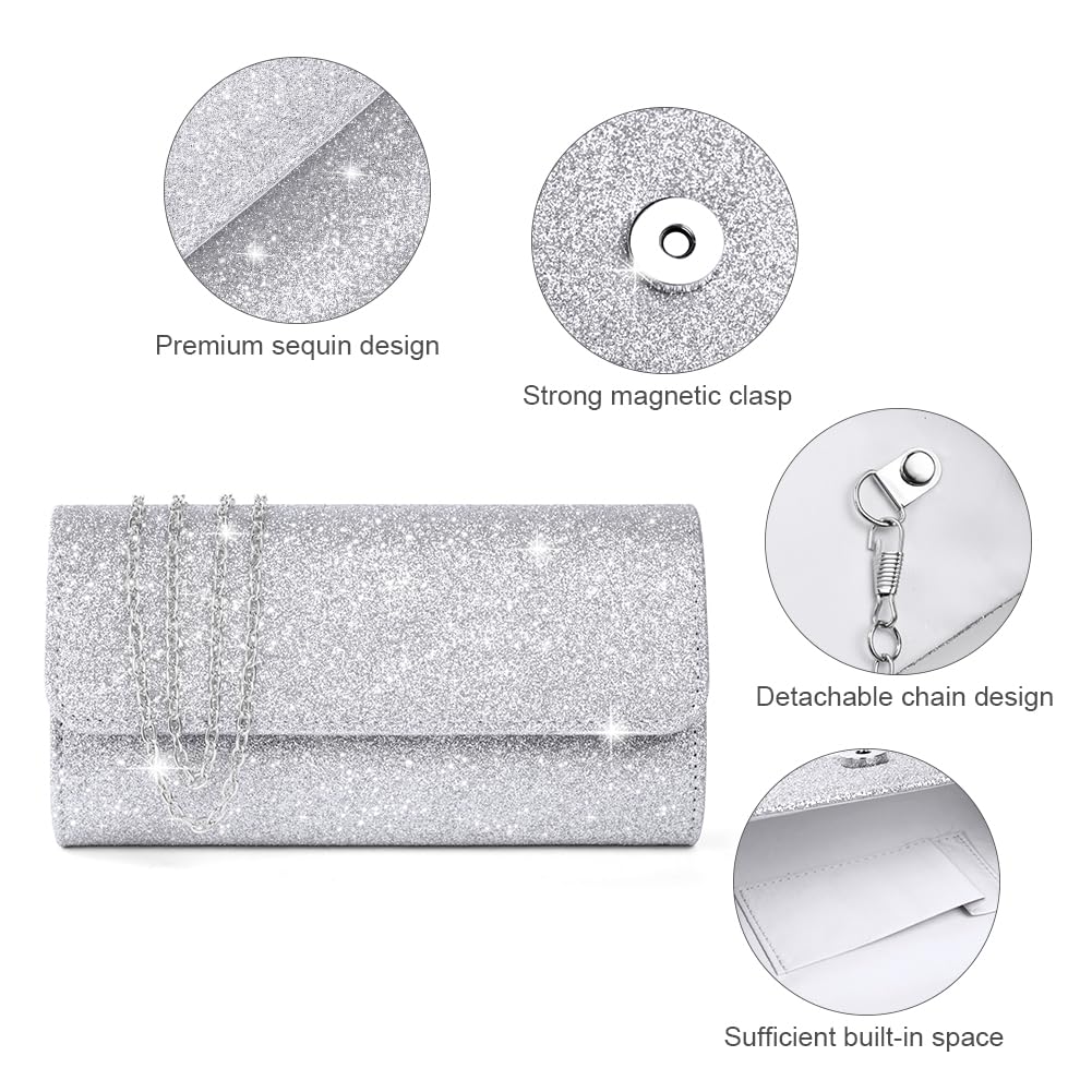 OSDUE Evening Bag Clutch Purses, Rhinestones Purse Silver Sparkling Wedding Party Purse Envelope Evening Bag with Detachable Chain for Women