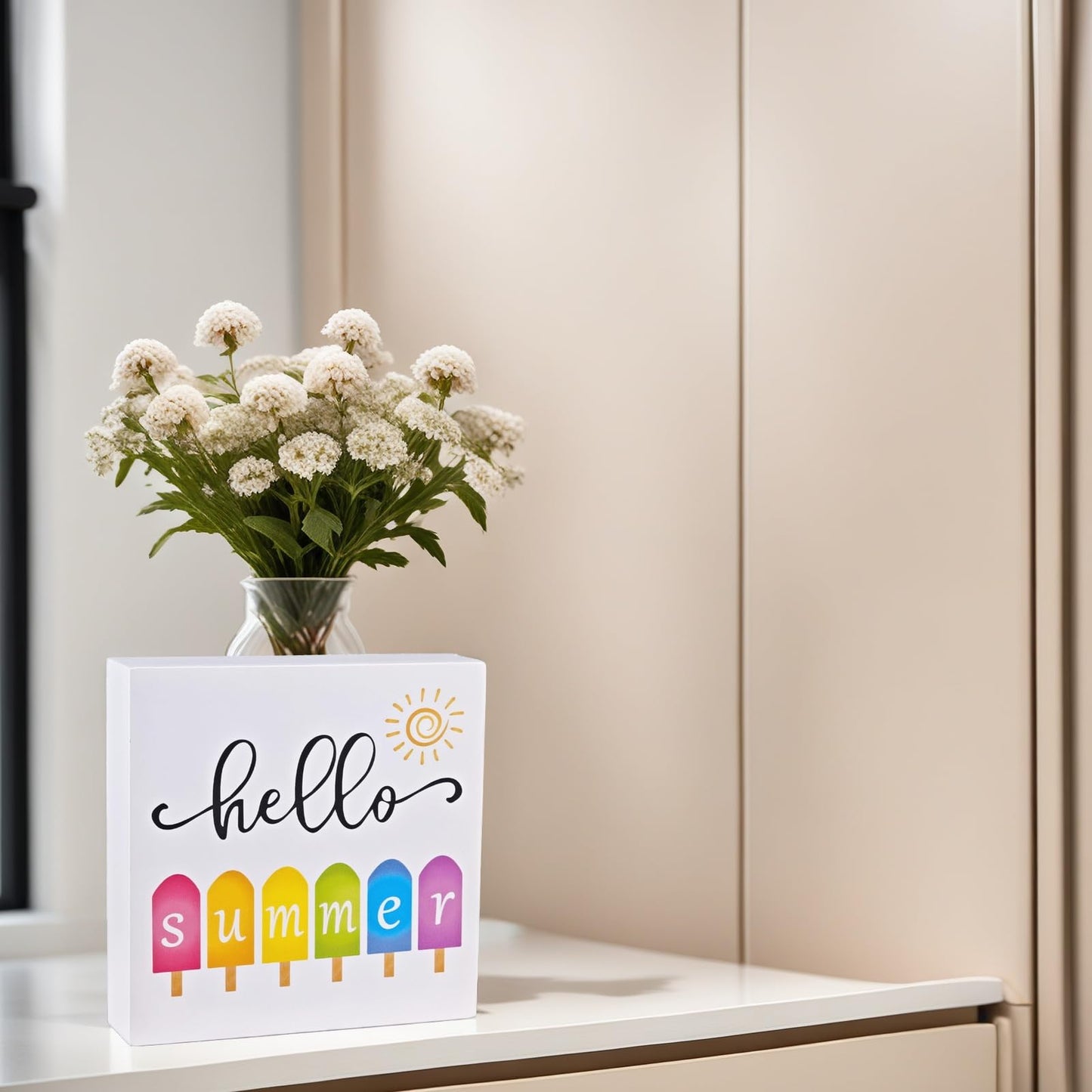 Summer Decor Summer Decorations for Home Popsicle Wood Box Sign Rustic Wooden Shelf Desk Decor Season House Warming Gifts 5.9 x 5.9 Inch