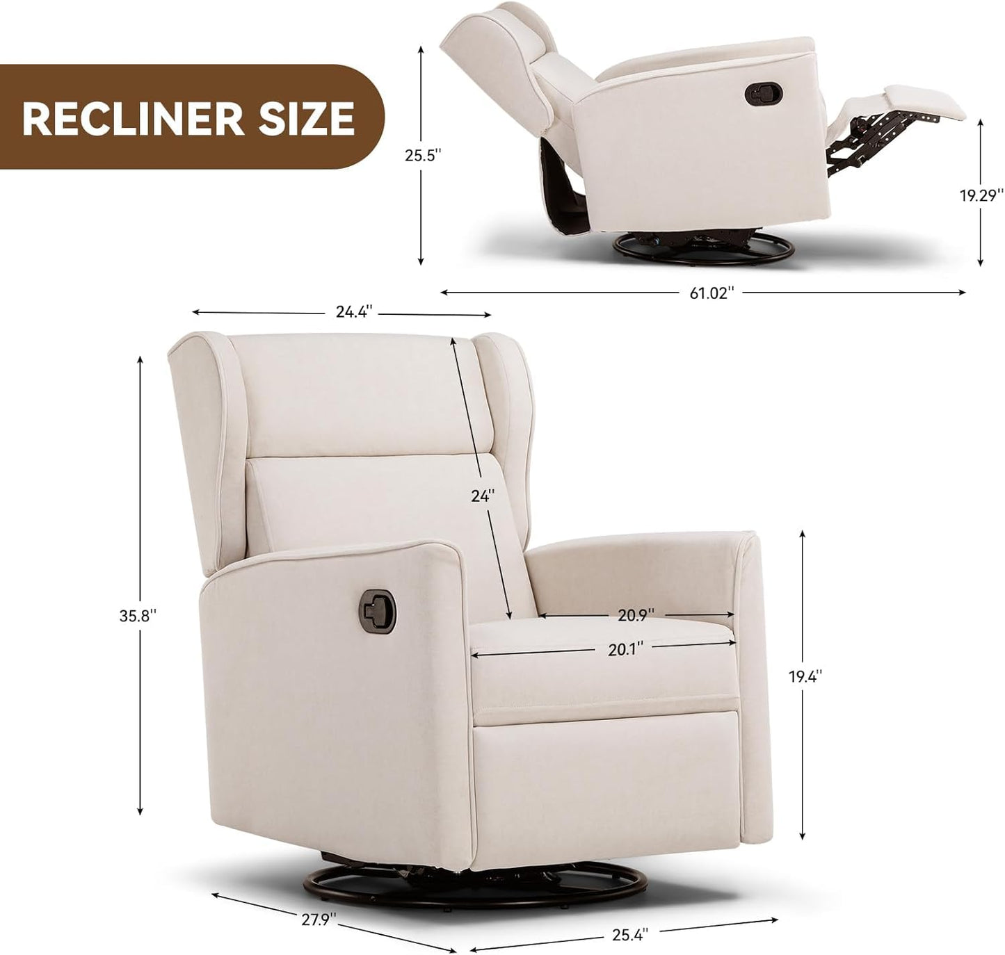 COMHOMA Rocking Recliner Chair,Swivel Glider Reclining Single Sofa Manual Rocker Recliners,Nursery Rocking Chairs with Upholstered Seating for Living Room Office(Beige)