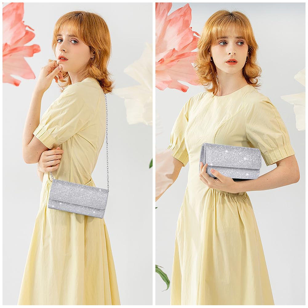 OSDUE Evening Bag Clutch Purses, Rhinestones Purse Silver Sparkling Wedding Party Purse Envelope Evening Bag with Detachable Chain for Women