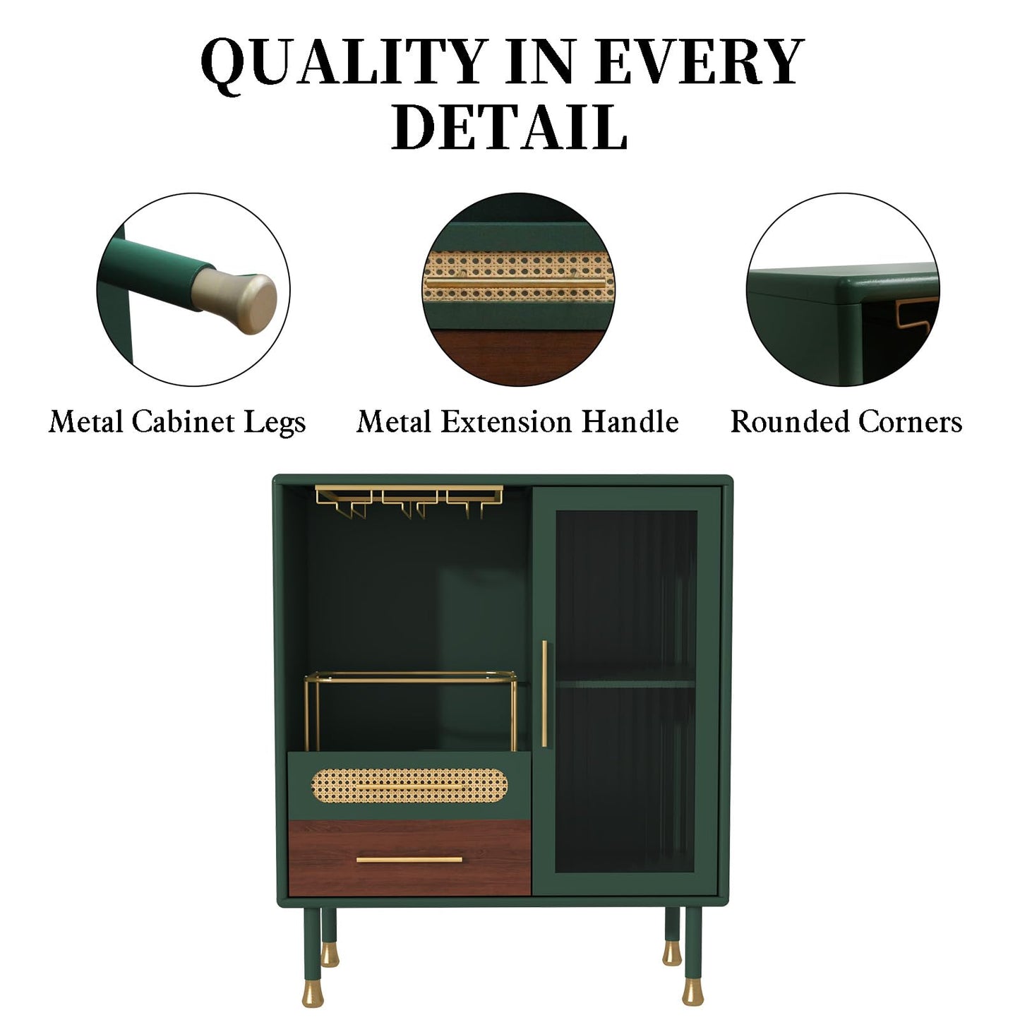 ARTPOWER Modern Coffee Bar Cabinet with Wine Glass Rack and Drawers, Green Liquor Cabinet with Pull-Out Wine Storage for Kitchen, Dining Room, Living Room