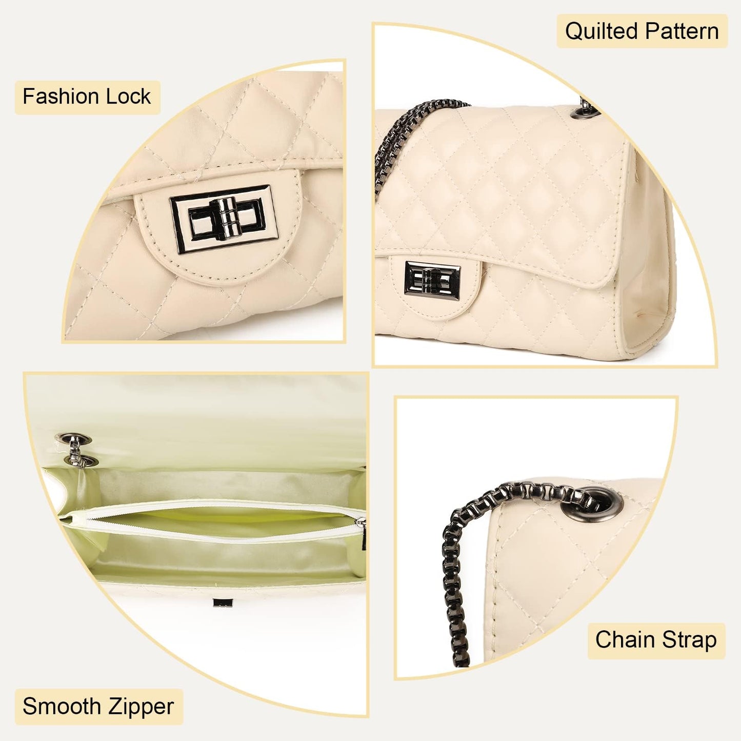 Gladdon Quilted Crossbody Purse for Women Trendy Ladies Shoulder Bag with Chain Designer Purses Beige I