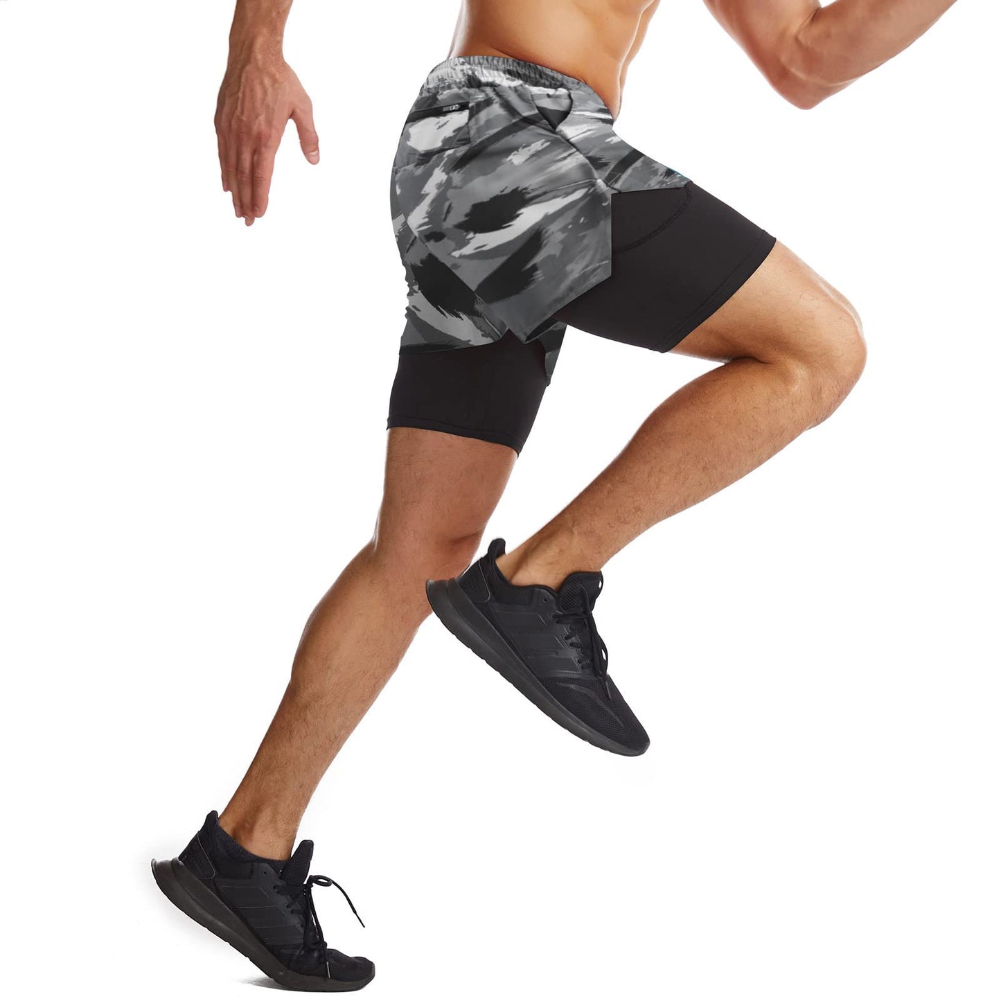 Surenow Mens 2 in 1 Running Shorts Quick Dry Athletic Shorts with Liner, Workout Shorts with Zip Pockets and Towel Loop (Gray-Camouflage, L)