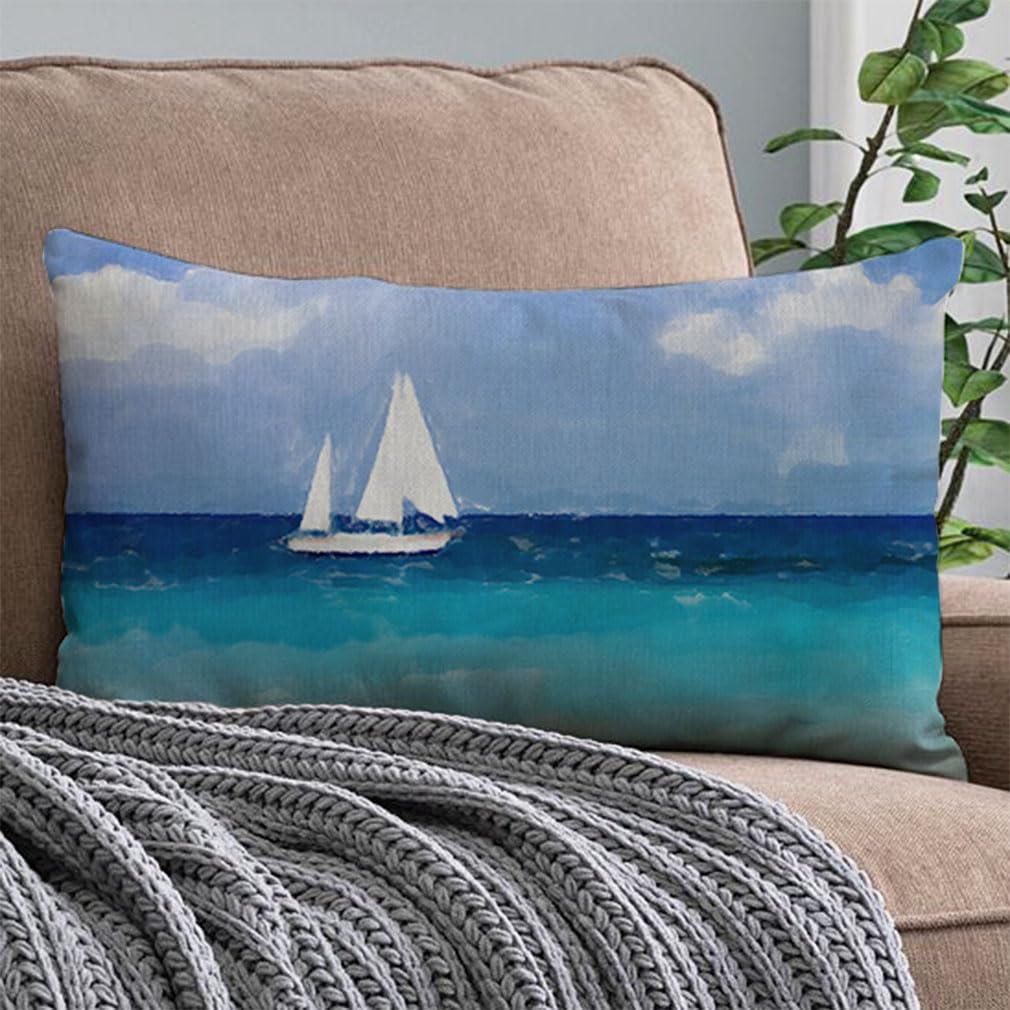 PANDICORN Summer Beach Throw Pillow Covers 12x20 Inch Sea Ocean Sailboat Nautical Coastal Blue Outdoor Decorations Lumbar Decorative Throw Pillows Cases for Beach House Home Living Room Couch Decor