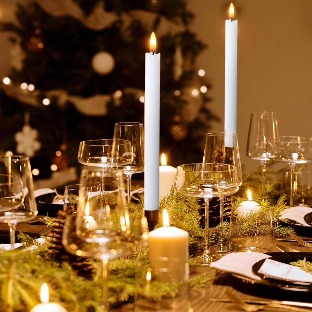 Wondise White Flameless Taper Candles with Timer, 6 Pack Battery Operated LED Flickering Real Wax Candle for Christmas Thanksgiving Wedding Decorations