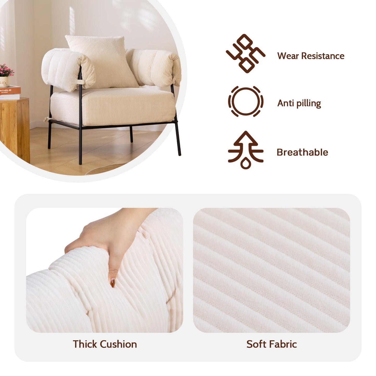 HollyHOME Modern Velvet Accent Chair, Upholstered Comfy Reading Chair, Fabric Large Lazy Arm Chair with Soft Cushion, Metal Frame Lounge Sofa Chair for Living Room, Bedroom, Balcony, Beige