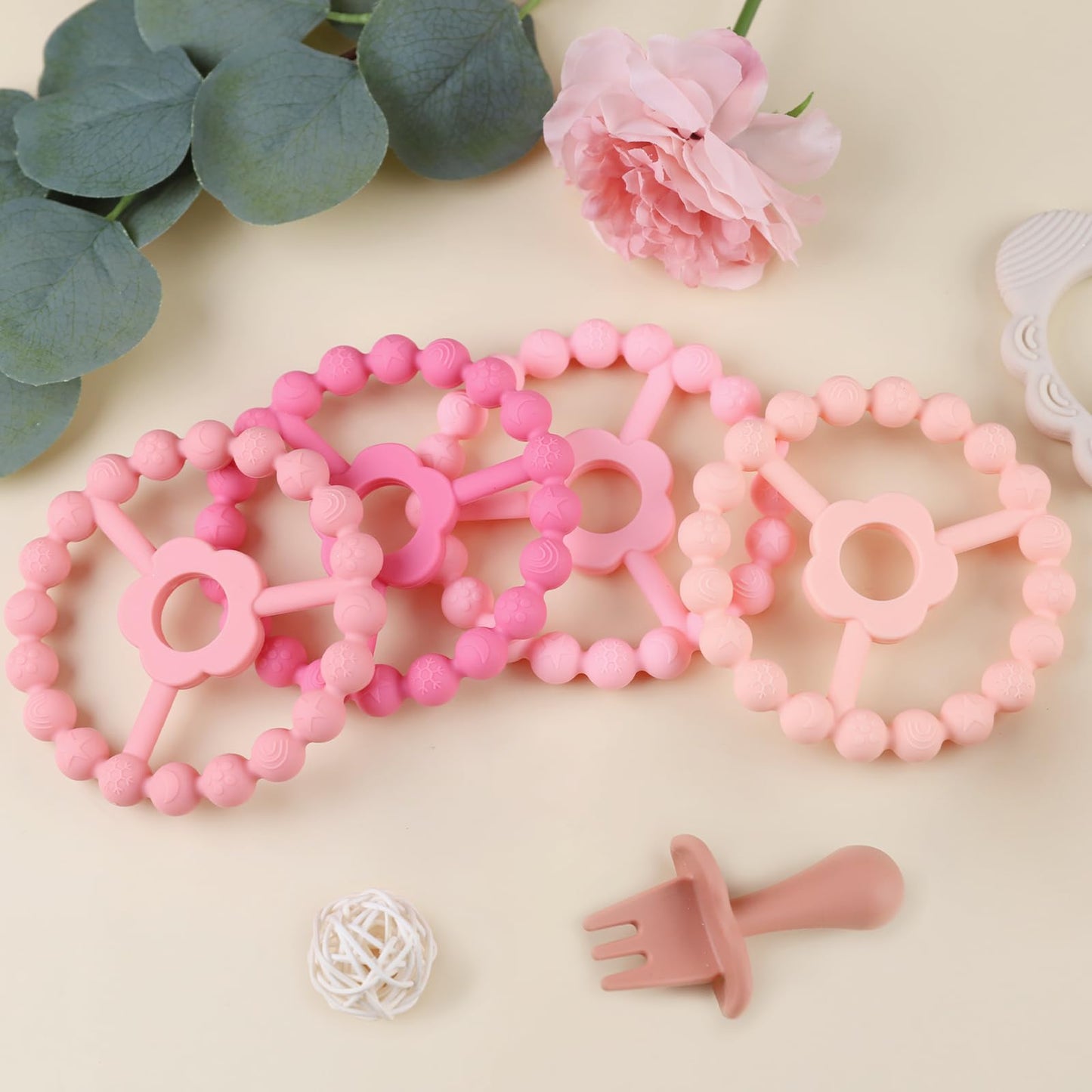 duludulu 4 Pack Silicone Baby Teething Toys, Teething Rings for Babies 0-6 6-12 Months Newborn Baby Teethers Girl Relief Soothe Baby's Gums Infant Toys Gifts Baby Girls Boys Sweet Pink