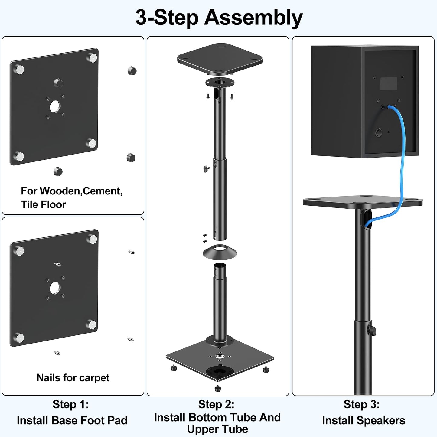 MOUNTUP Universal Speaker Stands Pair 28.3" to 37.4" Height Adjustable Floor Speaker Stands, Holds Bookshelf & Satellite Speaker Large Speaker, Up to 22LBS Cable Concealing 9.8" Plate Black MU9132-L