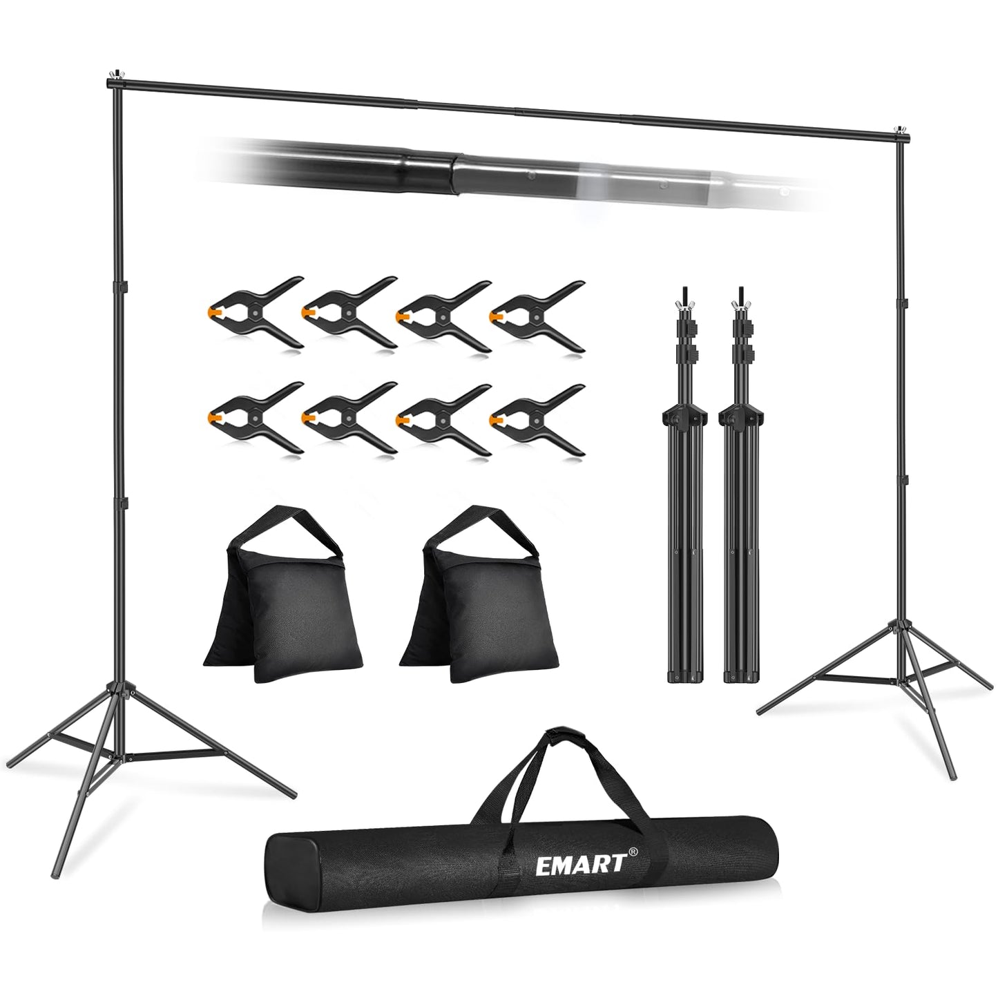 EMART Backdrop Stand 10x7ft(WxH) Photo Studio Adjustable Background Stand Support kit with 2 Crossbars, 8 Clamps, 2 Sandbags and Carry Bag for Parties, Events Decoration, Wedding, Photography