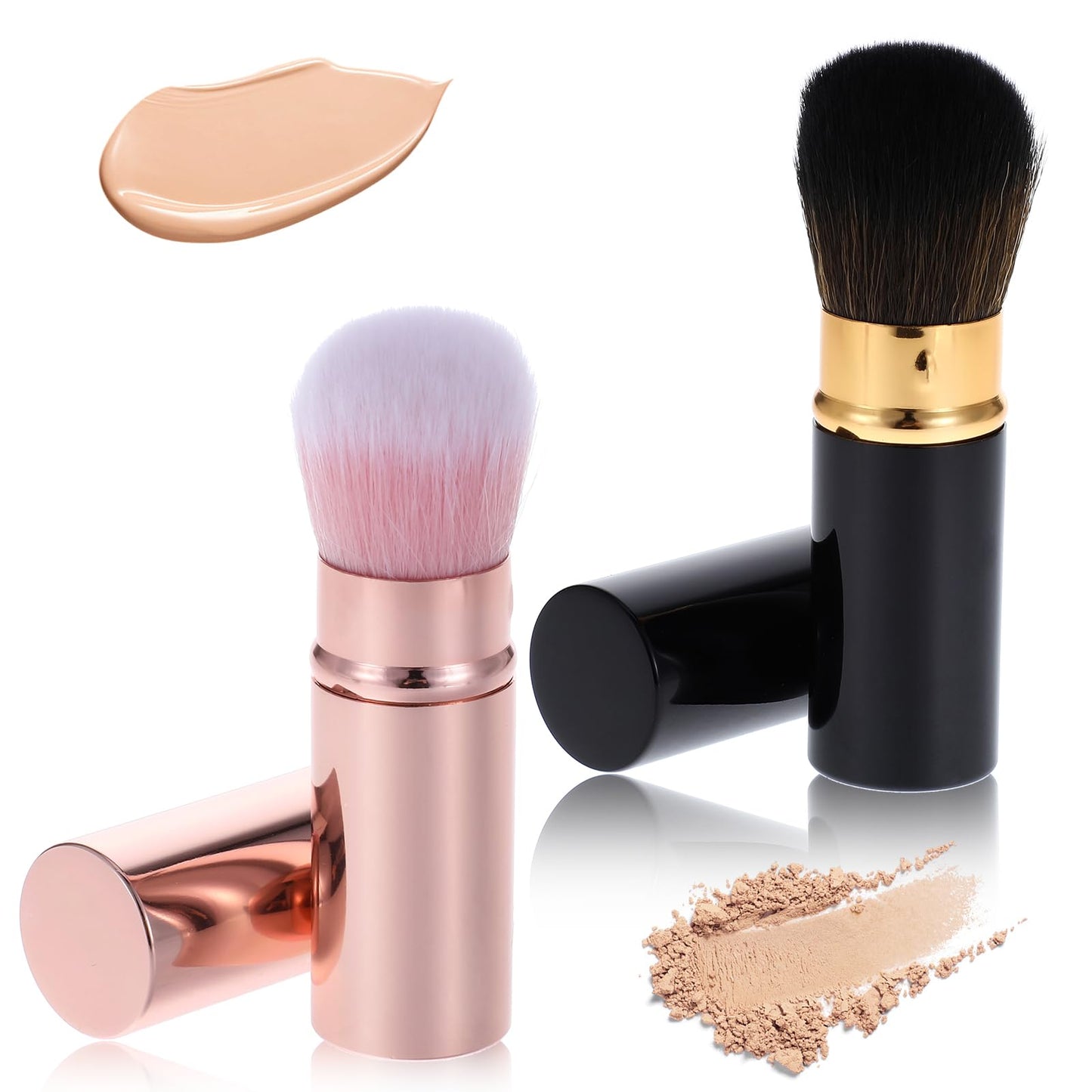 Grevosea Retractable Blusher Brush with Cover, 2 Pack Travel Makeup Brushes Kabuki Foundation Brush Extensible Face Blender Brush for Women Liquid Cream Foundation Concealer Blush Makeup Brush