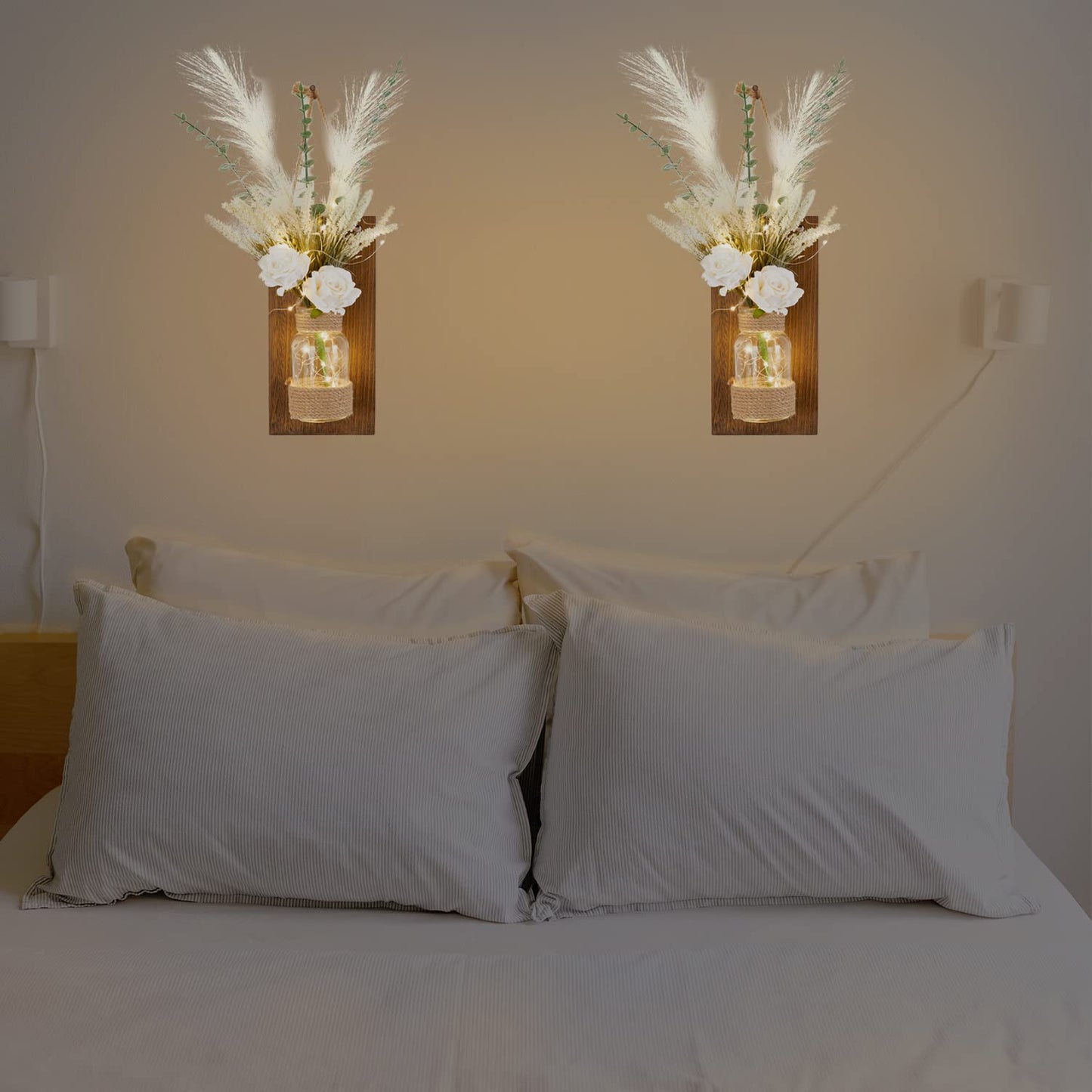 Anna's Whimsy 2PACK Mason Jar Sconce Wall Decor Rustic with Remote Control LED Fairy Lights - Artificial Flowers Spring Decorations for Home Bedroom Farmhouse(White Rose)