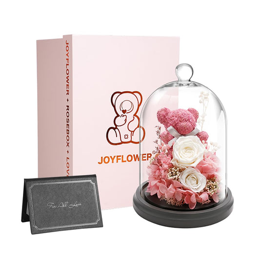 JoyFlower Preserved Flowers in Glass Gifts for Women, Pink Eternal Rose Bear Gift, Preserved Rose Forever Flowers in Glass Dome for Mom Wife Girlfriend on Birthday Anniversary Mother's Valentine's Day