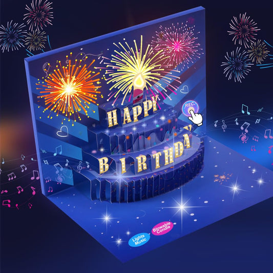 Birthday Cards with Recording Function Fireworks 3D Pop Up Blowable LED Candle Birthday Cake Light and Music Happy Birthday Greeting Cards Gift for Women Mom Sisters Grandma Kids Wife