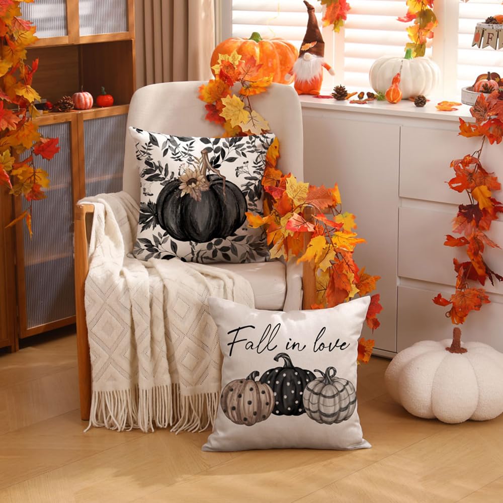 DFXSZ Fall Pillow Covers 18x18 inch Set of 4 Fall Decorational Various Styles of Pumpkin Fallen Leaves Decorative Black Autumn Outdoor Pillowcases Thanksgiving Decoration for Home Couch 211B18