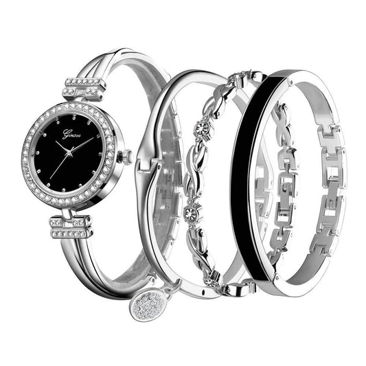 Weicam Women Stylish Four-Piece Bangle Bracelet Analog Quartz Wrist Watch (Silver)