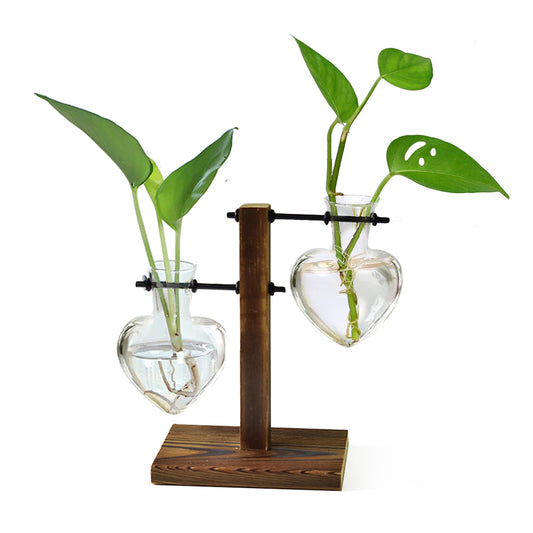 XXXFLOWER Plant Terrarium Wooden Stand, Hydroponic Planter Bulb Glass Metal Swivel Holder Retro Air Plants Water Plants for Home Office Decoration, Plant Lover Gifts - 2 Love Bulb Vase