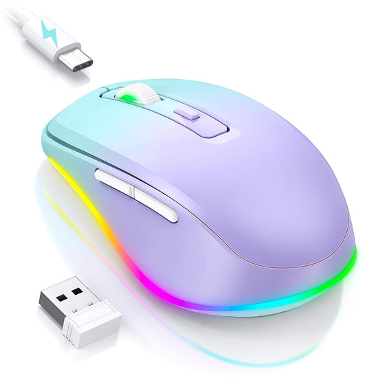 Wireless Mouse Jiggler - LED Wireless Mice with Build-in Mouse Mover, Rechargeable Moving Mouse for Laptop with Undetectable Random Movement Keeps Computers Awake - Purple