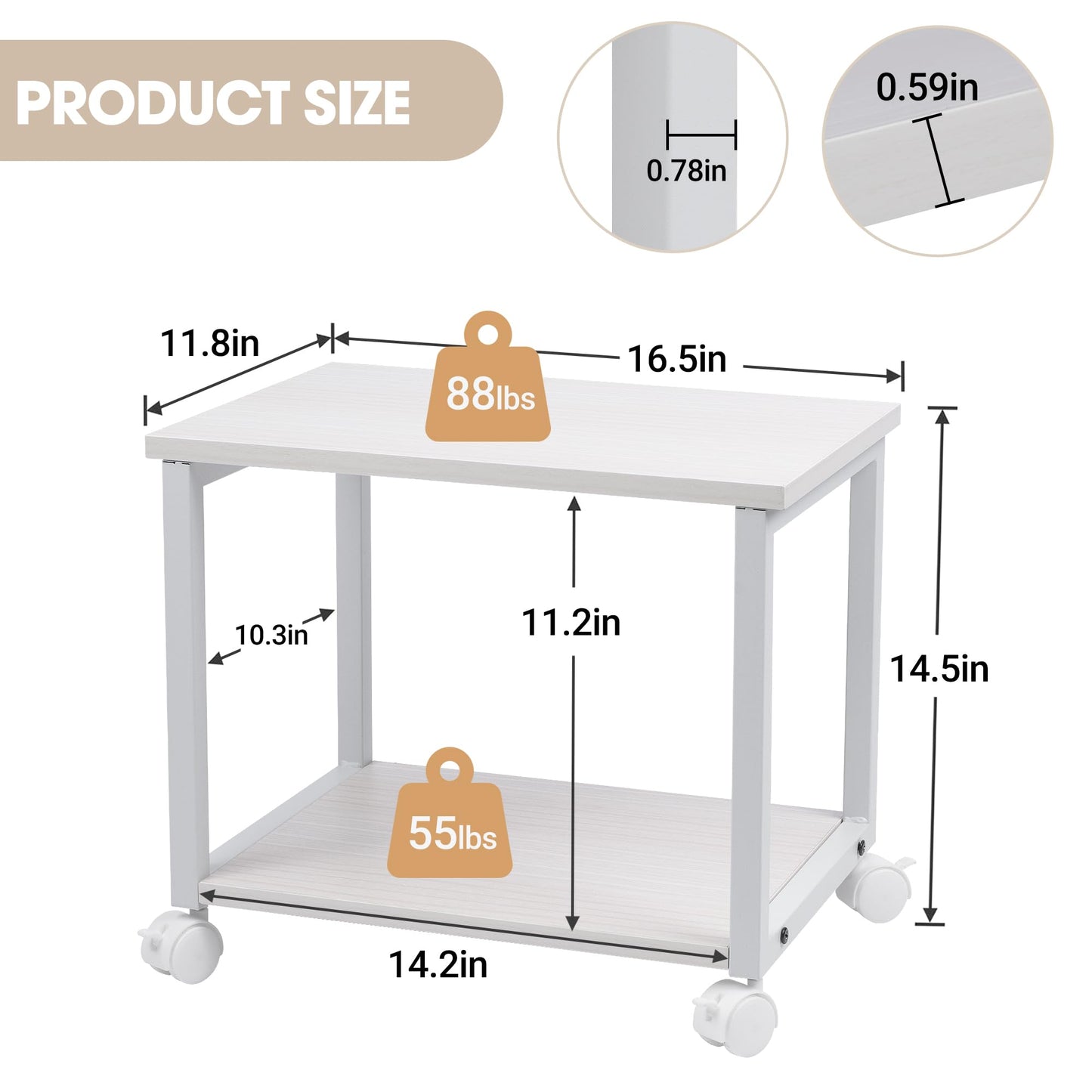 Cakokow Under Desk Printer Stand - 2-Tier Industrial Mobile Printer Table with Storage Shelf, Heavy Duty Wood Rolling Printer Cart with Wheels for Home and Office,Maple White