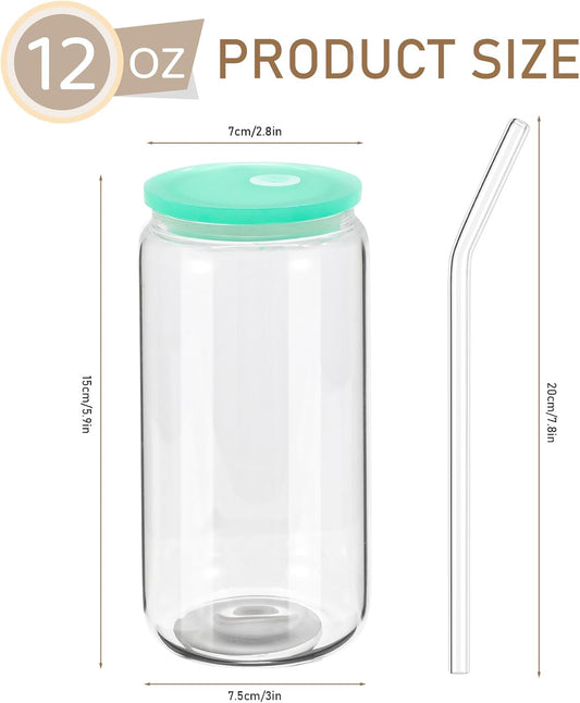 20 Pack Drinking Glass Cups with Acrylic Lids and Glass Straw Beer Can Shaped Drinking Glasses Cups, Glass Tumbler Reusable Cute Cups for Whiskey, Iced Coffee, Tea, Soda, Cocktail, Gift, Clear 16oz