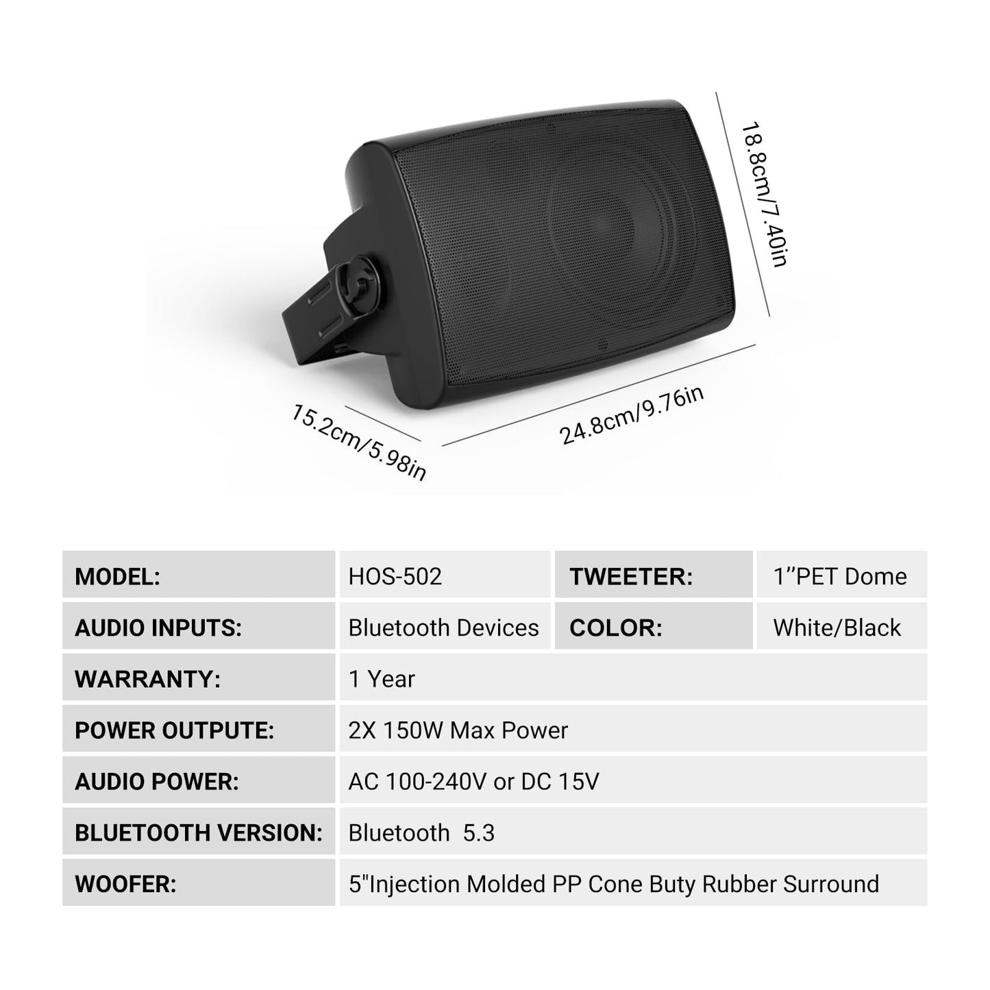 Herdio 5.25 Inches 300 Watts Outdoor Bluetooth Speakers, Bluetooth 5.3,TWS Stereo Paring,Wall Mount Speaker System Waterproof Suitable for Patio Home Poolside Deck Backyard (Pair, Black)