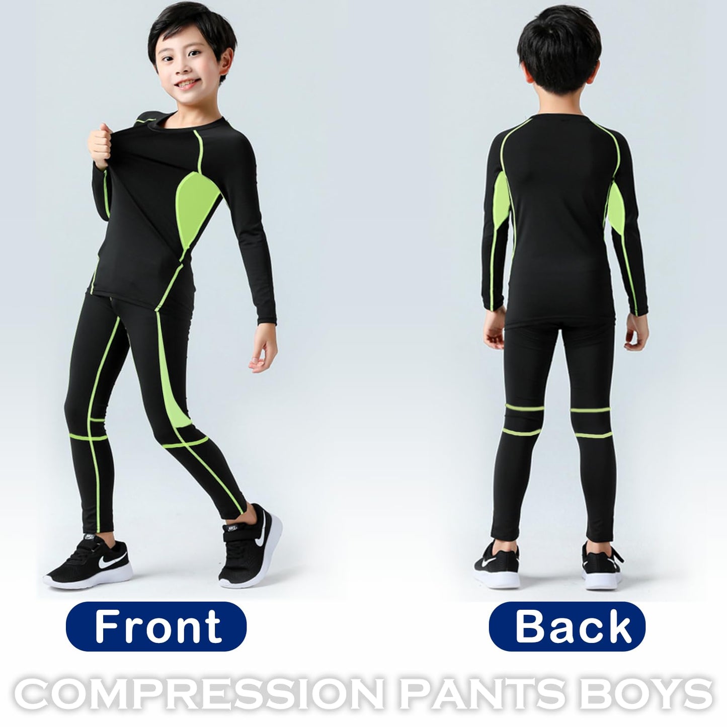 SS COLOR FISH Boys Compression Shirt Long Sleeve and Pants Set Youth Undershirts Athletic Tights Baselayer for Kids Baseball Green