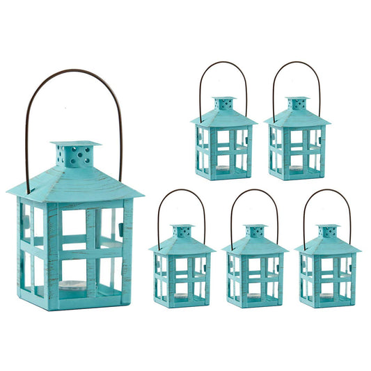 Kate Aspen Mini Decorative Candle Lanterns, Set of 6, Vintage Distressed Metal Lantern Candle Holders for Wedding Centerpiece, Home Decor and Party Favor, Turquoise