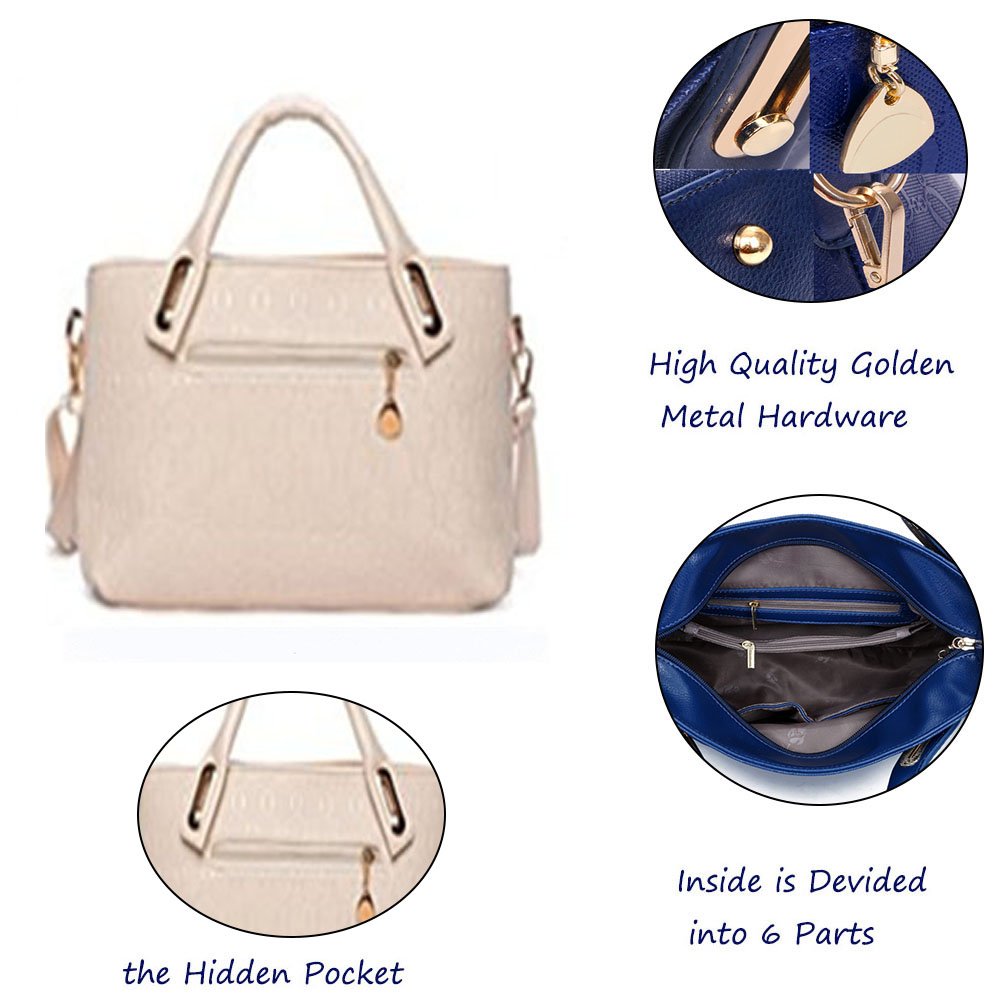 FiveloveTwo Women 4 Pcs Top Handle Satchel Hobo Handbag Set Large Tote +Purse +Shoulder Bag+Card Holder Beige