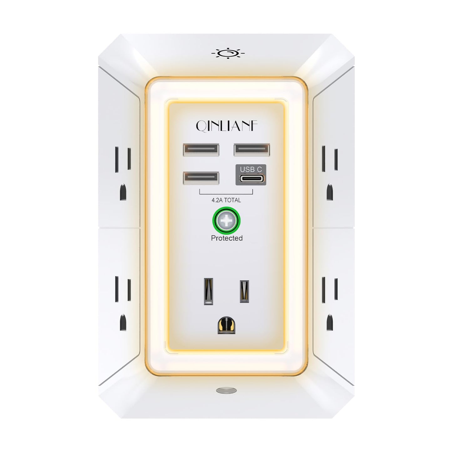 Wall Charger, Surge Protector, QINLIANF 5 Outlet Extender with 4 USB Charging Ports (4.8A Total) 3-Sided 1680J Power Strip Multi Plug Adapter Spaced for Home Travel Office (3U1C)