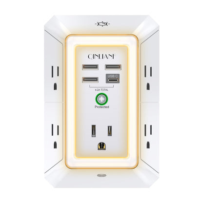 Wall Charger, Surge Protector, QINLIANF 5 Outlet Extender with 4 USB Charging Ports (4.8A Total) 3-Sided 1680J Power Strip Multi Plug Adapter Spaced for Home Travel Office (3U1C)