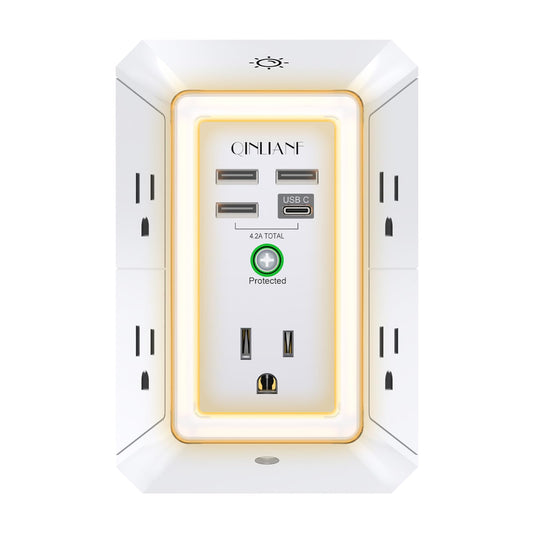 Wall Charger, Surge Protector, QINLIANF 5 Outlet Extender with 4 USB Charging Ports (4.8A Total) 3-Sided 1680J Power Strip Multi Plug Adapter Spaced for Home Travel Office (3U1C)