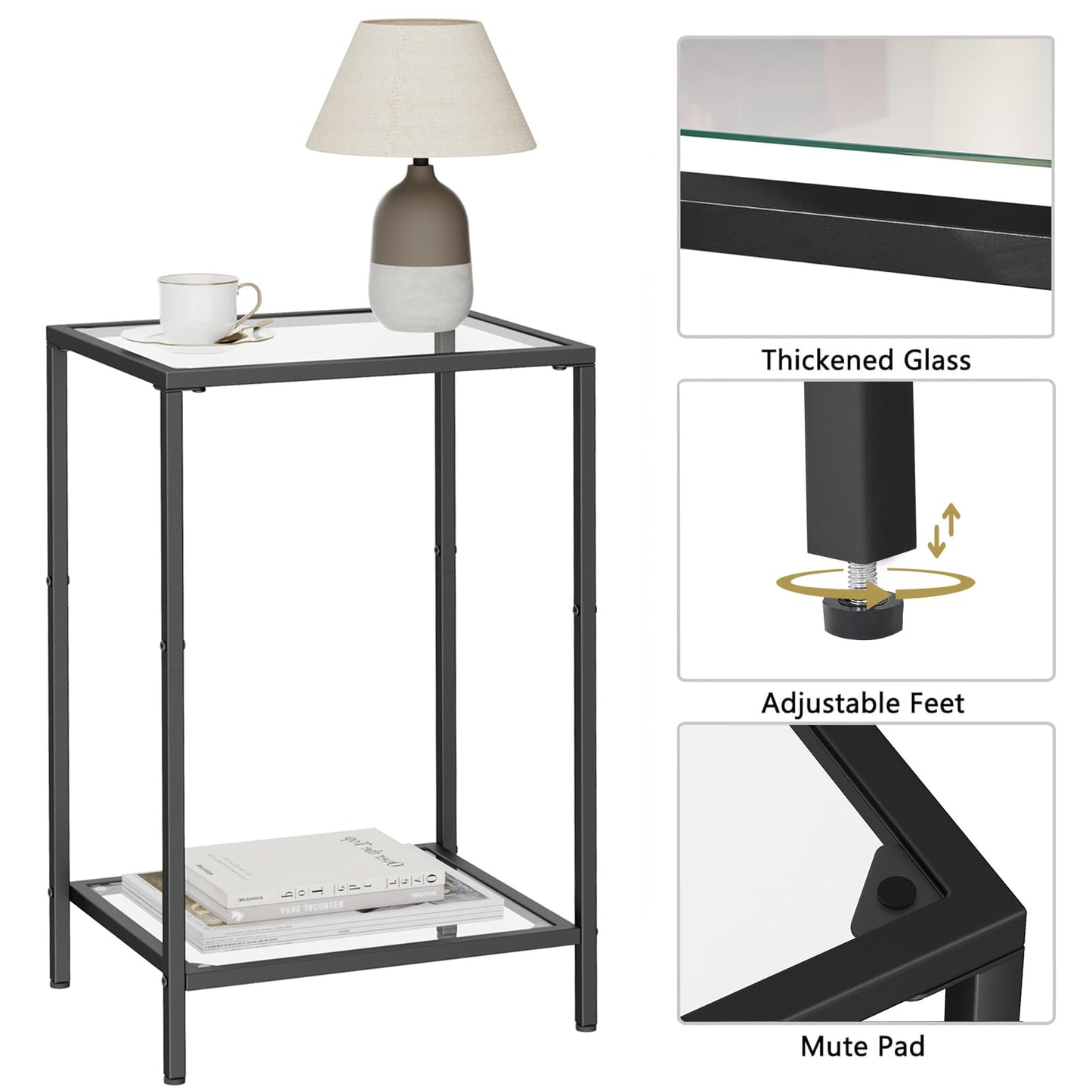 HOMSHO Side Tables Set of 2, End Tables with Tempered Glass, 2-Tier Nightstands with Storage Shelves, Coffee Table with Modern Style, Slim Sofa Table for Living Room, Bedroom, 11.8" D x 15" W, Black