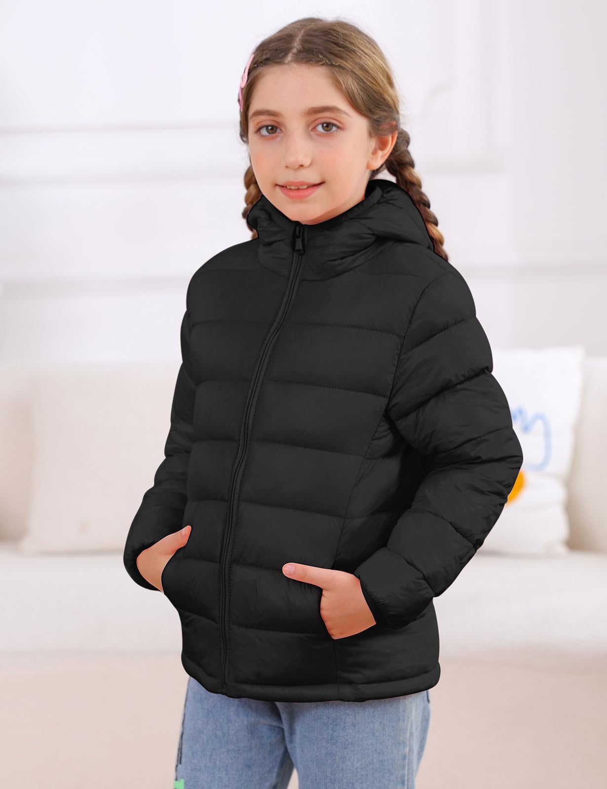 Enlifety Kids Jackets Size 6 7 Girls Black Winter Coat Lightweight Packable Hooded Puffer Jacket