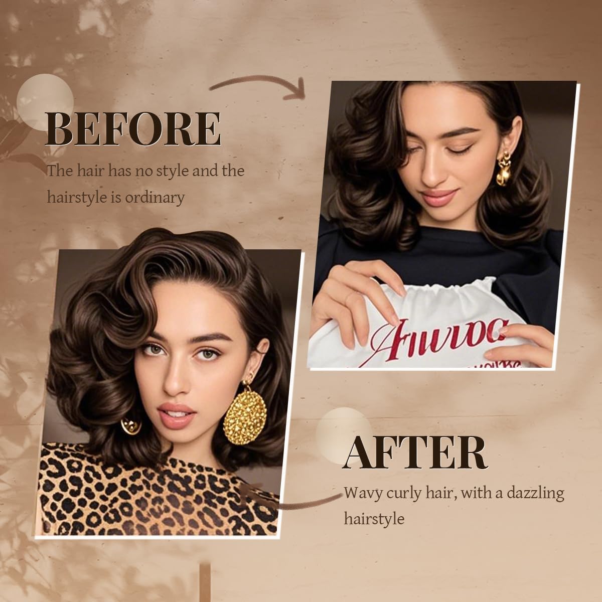 Heatless Hair Curler Heatless Curls Overnight Heatless Blowout with Luxury Cloth Bag Silk Scarf, Curling Rod Headband to Sleep in No Heat Curling with (Brown, 3Rods)