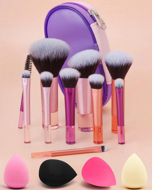 PGRODE Mini Travel Makeup Brushes Set, 14 Pieces, Portable Full Complete Function Cosmetic Kit with Brush Pouch, On the Go Short Makeup Brush Small Travel Essentials for Women, Girls (Colorful)