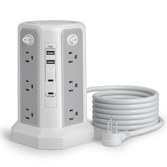 Surge Protector Power Strip Tower with USB C Port(PD18W),10FT Extension Cord with 12 AC Outlets 5 USB Charging Ports, PASSUS Power Tower Surge Protection for Home Office DormRoom