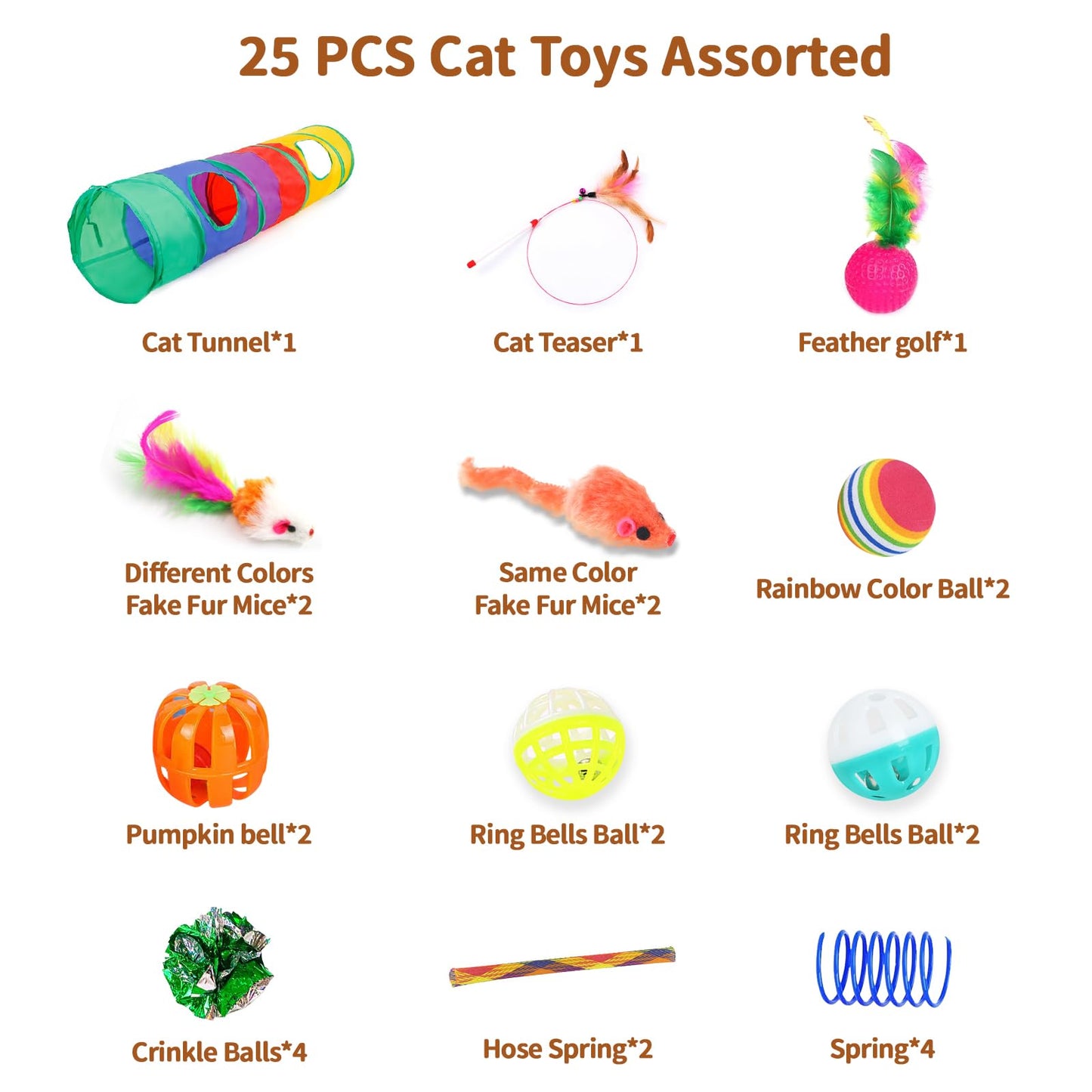iCAGY 25-Piece Cat Toys Kit with Rainbow Tunnel - Interactive Cat Toy Bundle for Indoor Cats, Kitten Playtime Variety Set Includes Feather Teaser, Springs, Balls, Mice & Noise Toys