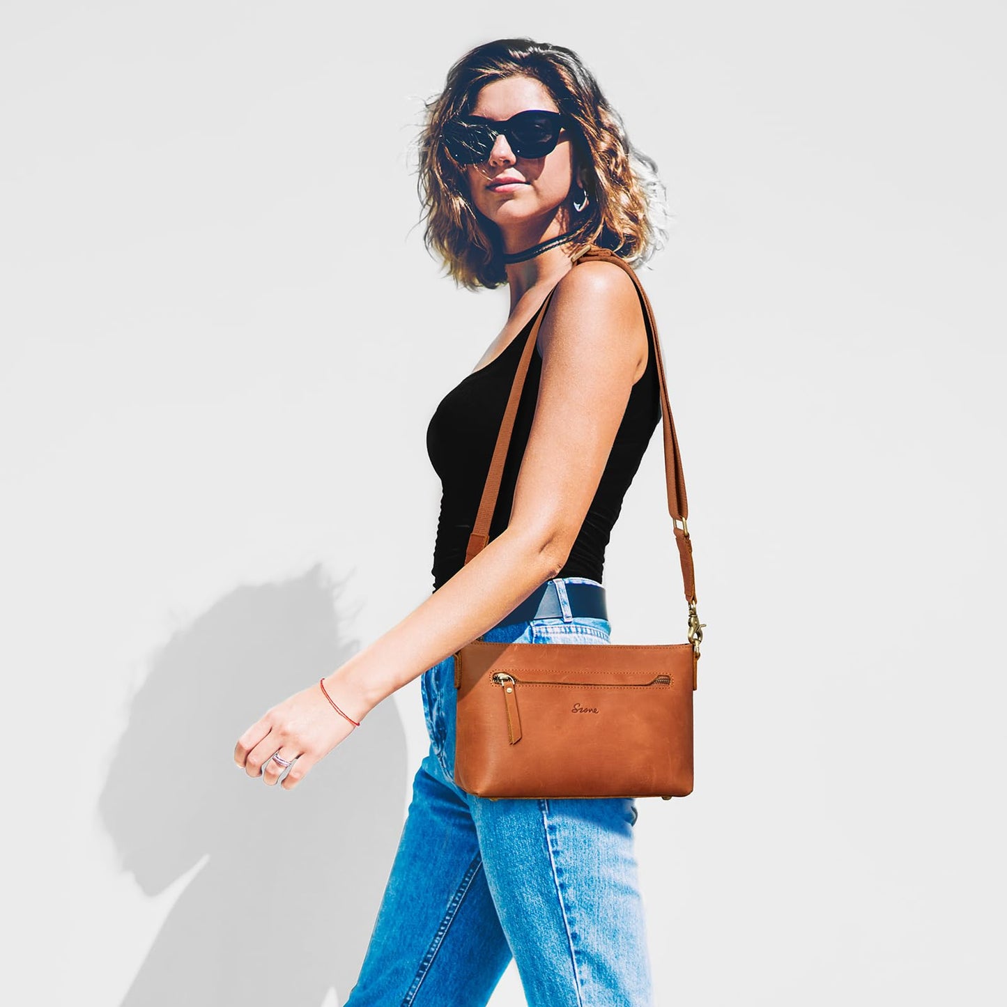 S-ZONE Crossbody Bags for Women Trendy Genuine Leather Small Shoulder Bag Purses with Wide Strap (Cognac)