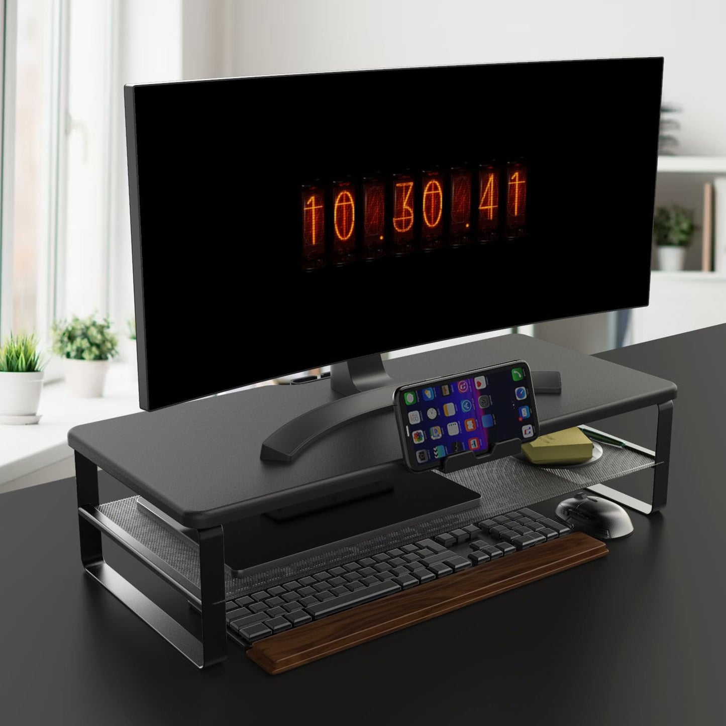 Doowiit Monitor Stand with drawer, 2-Tier Monitor Stand Riser with Phone Holder and Cable Management - Desk TV Shelf, Laptop Printer, Desk Organizer Stand, for Home & Office, Black