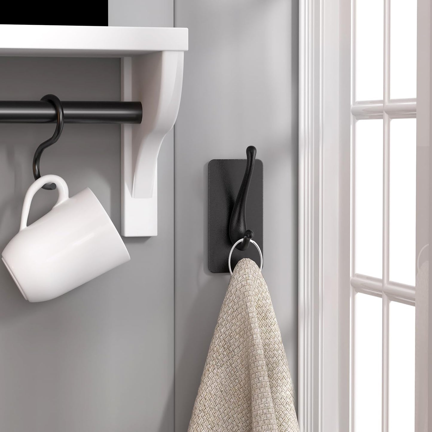 JCHOUS Towel Hooks, Solid Alloy Adhesive Wall Hooks for Hanging, Towel Hooks for Bathroom, RV, Kitchen, Closets, etc (Black, 4 Pack)